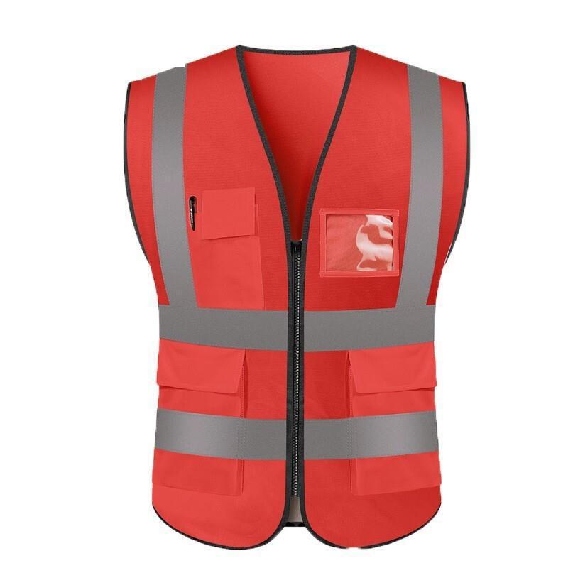 Reflective Vest Zipper Multi Pocket Reflective Vest Fluorescent Red Car Traffic Safety Warning Vest 4 Pieces Reflective Strips Environmental Sanitation Construction Duty Riding Safety Suit