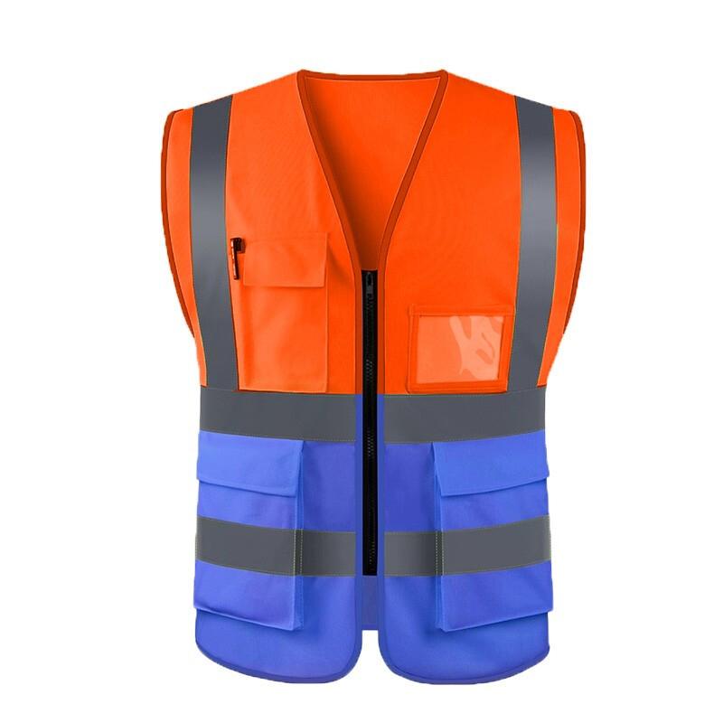 Zipper Multi Pocket Reflective Vest Car Traffic Safety Warning Vest Reflective Environmental Sanitation Construction Duty Riding Safety Suit Fluorescent Orange Blue Two Color