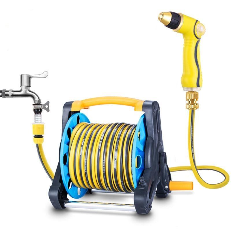 Yellow Control Gun + Coil Rack 60 Meters Water Pipe Set Wash Car Water Gun Suit Home Scour Car High Pressure Irrigation Watering Flower Gardening Cleaning Storage Rack Tools Hose Foam Spray Pot Car Wash Artifact Brass Head