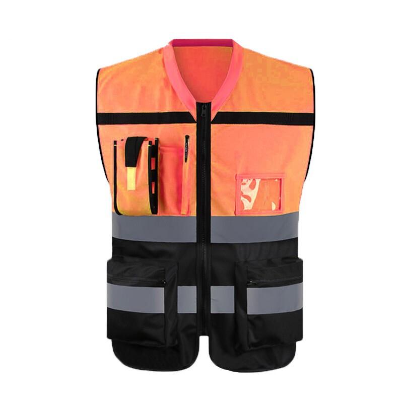 Safety Vests High Visibility Multi Pocket Reflective Vest with Zipper Safety Warning Vest 4 Reflective Strips - Fluorescent Orange+ Black