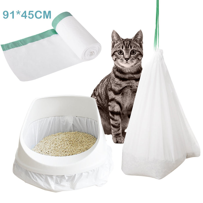 Cat Litter Box Liners Jumbo Disposable Bags with Drawstring for Cat Kitty Extra-Thick Scratch Resistant Pet Waste Litter Box Bag 10 Rolls Per Pack, M - 91x45CM