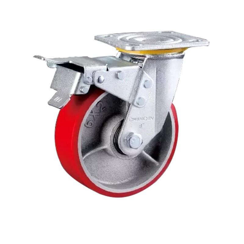 8 Inch Heavy Duty Plate Swivel Casters Iron Core Red Polyurethane Caster Flat Wheel with Double Ball Bearings Universal Wheel - 1Pcs